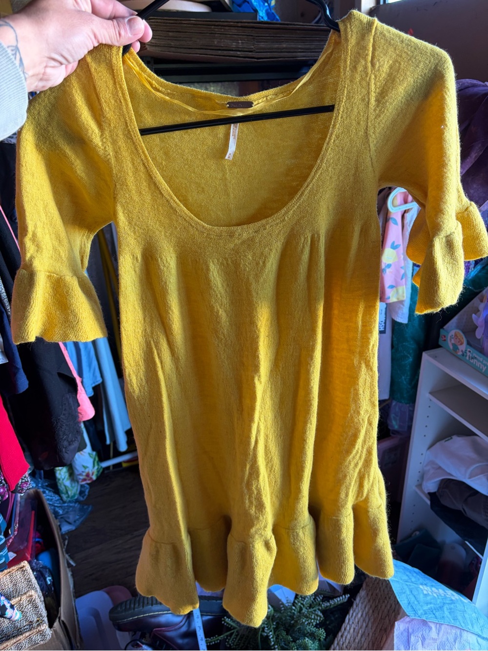 Free People Mustard Yellow Ruffle Hem Tunic Wool Top Medium
